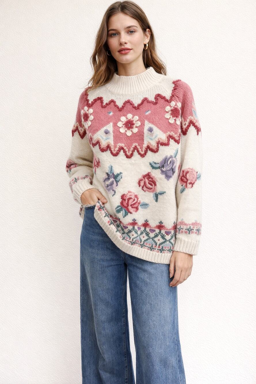 VTG Rebecca Stone Floral Granny Sweater Sz Med High Neck White Pink French Knot